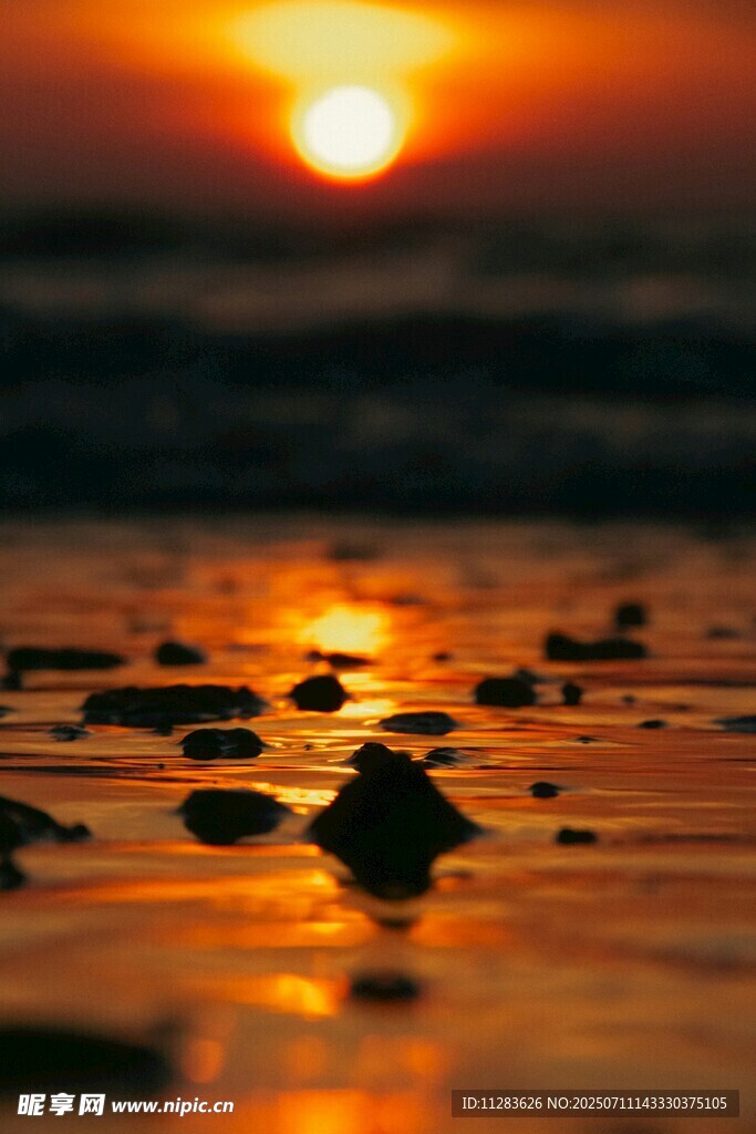 夕阳下海滩上的美丽石景