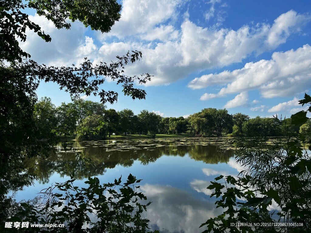 湖畔蓝天绿树美景