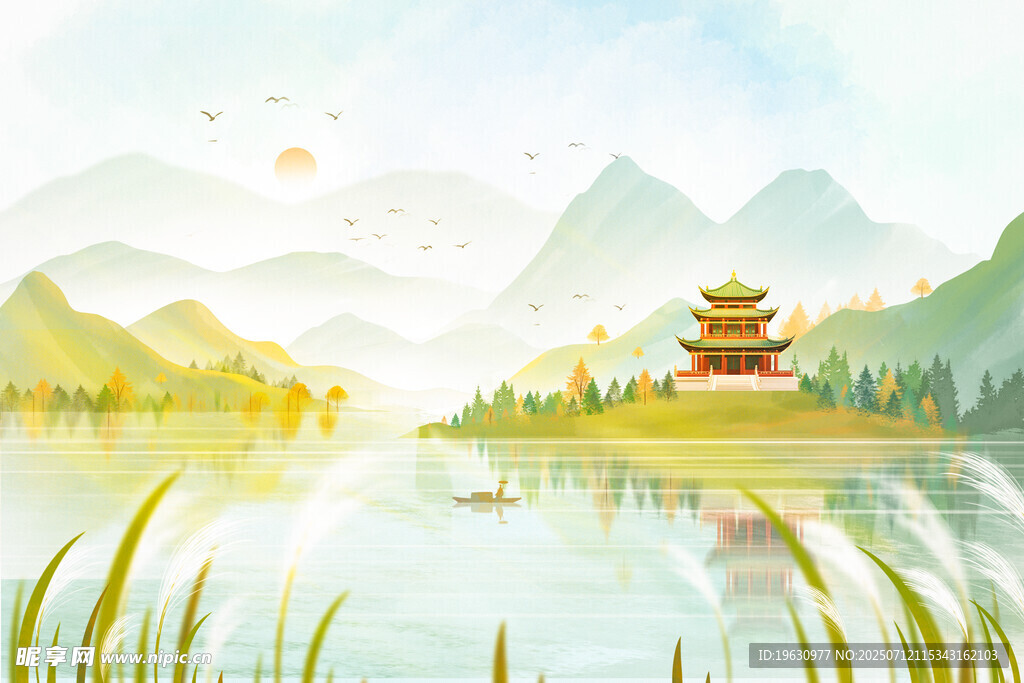 山水间的古典楼阁美景