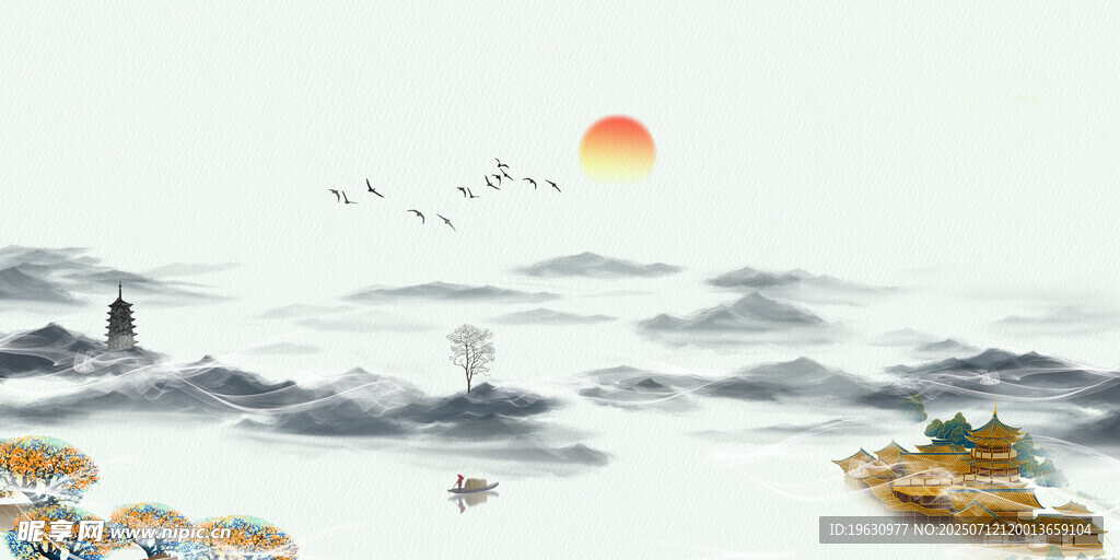 水墨山水间的落日飞鸟景