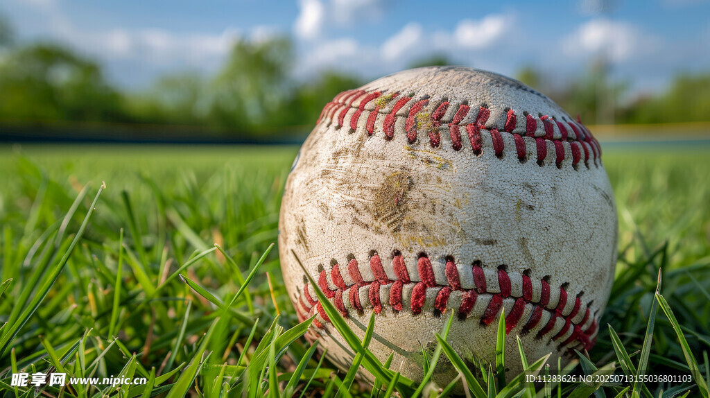 草地上的旧棒球