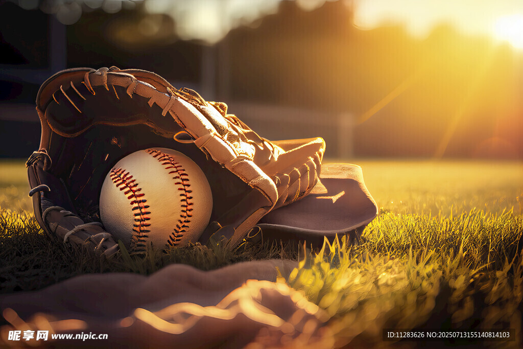 夕阳下的棒球与手套