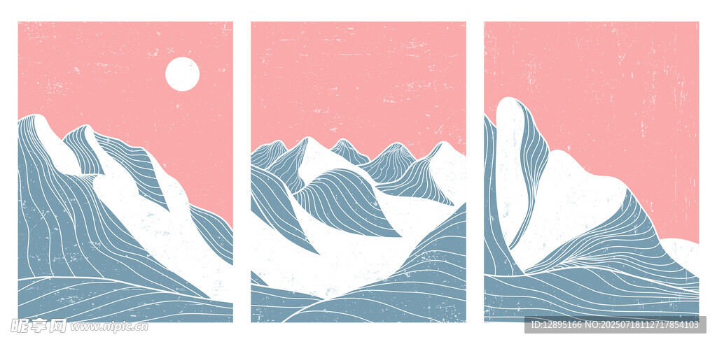 三联简约山水风景插画