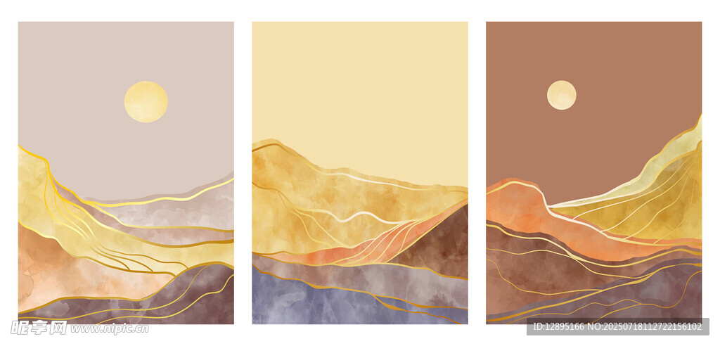 三联沙漠日出艺术挂画