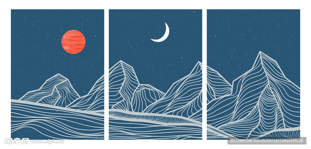 三联山水日月线条画