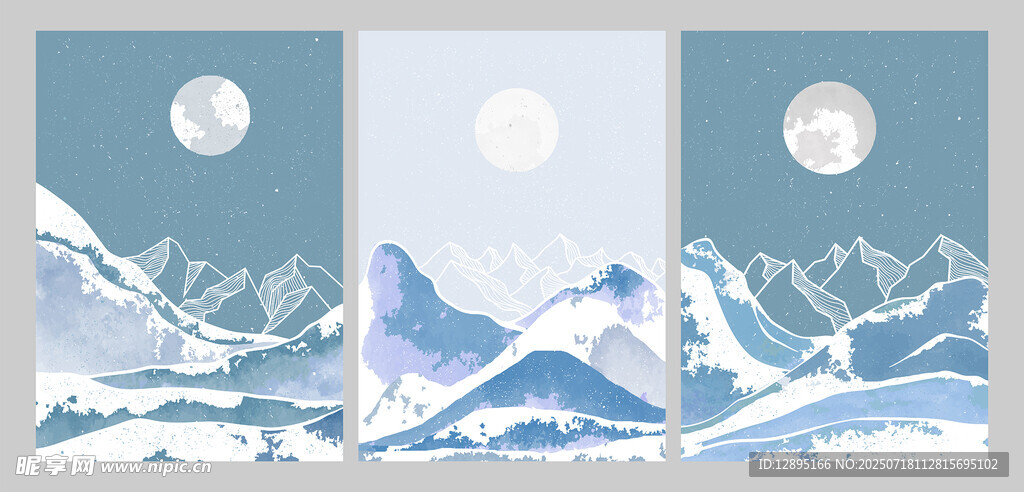雪山月夜装饰画三联图