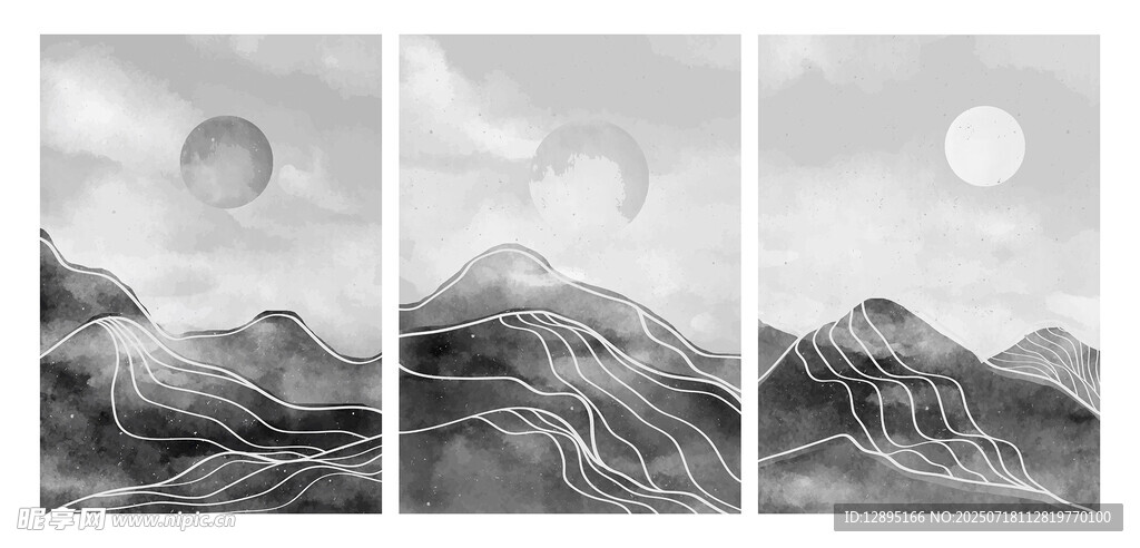 三联黑白山川风景画作