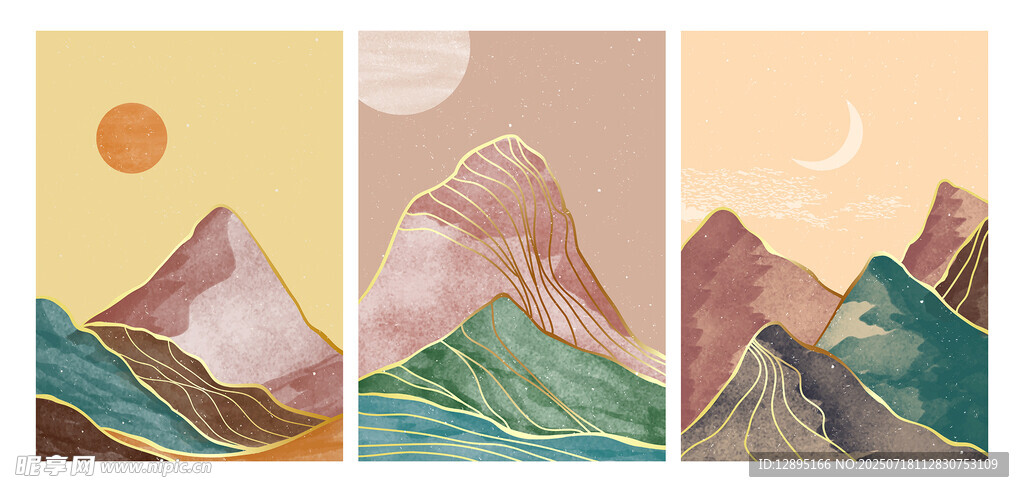 三联清新风山川风景插画