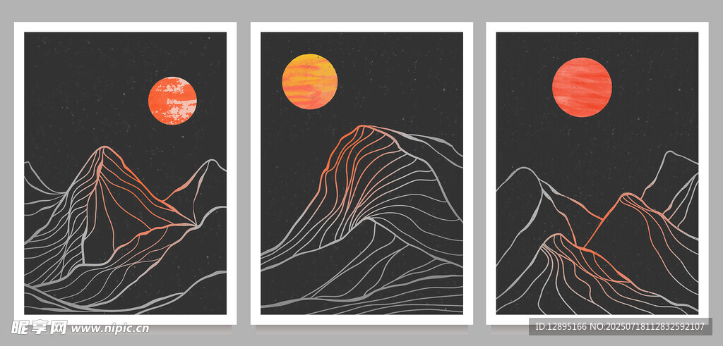 三联抽象山水红日装饰画
