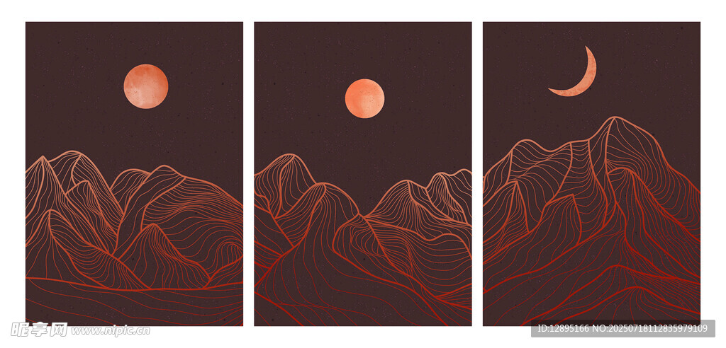 三联梦幻山水日月图景