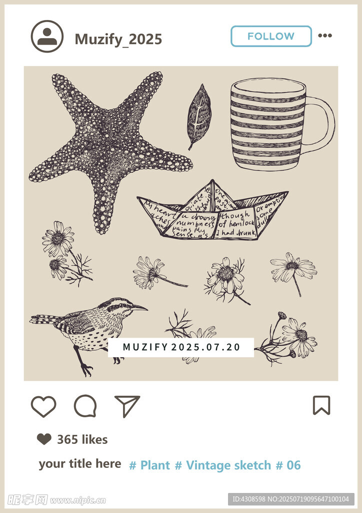 海星 小鸟 花卉 印花图案