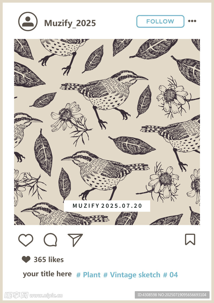 四方连续 小鸟花卉印花图案