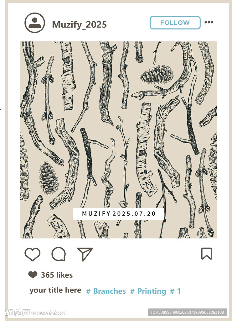 四方连续 树枝松果印花图案