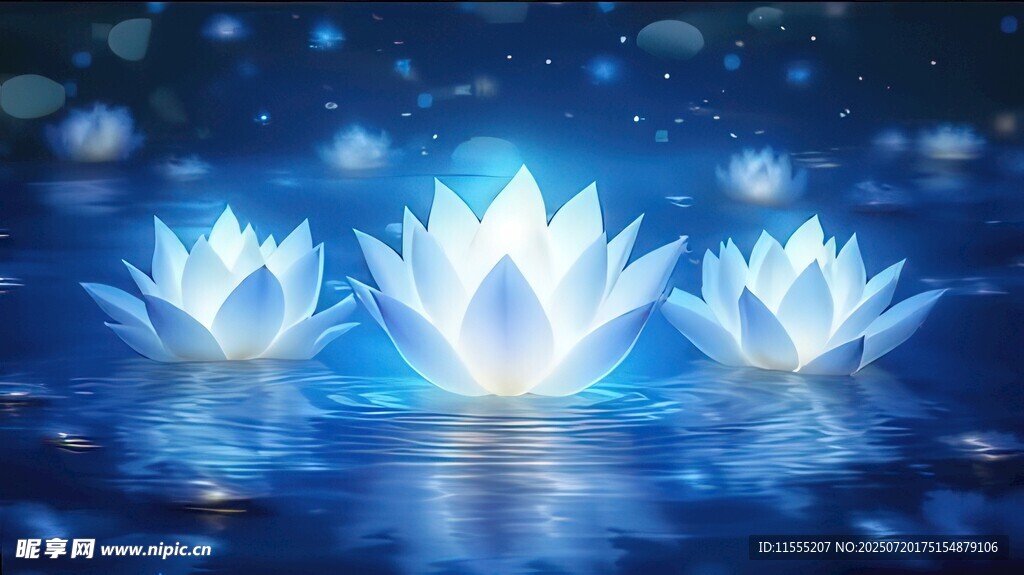 梦幻蓝色莲花绽放水中特效视频