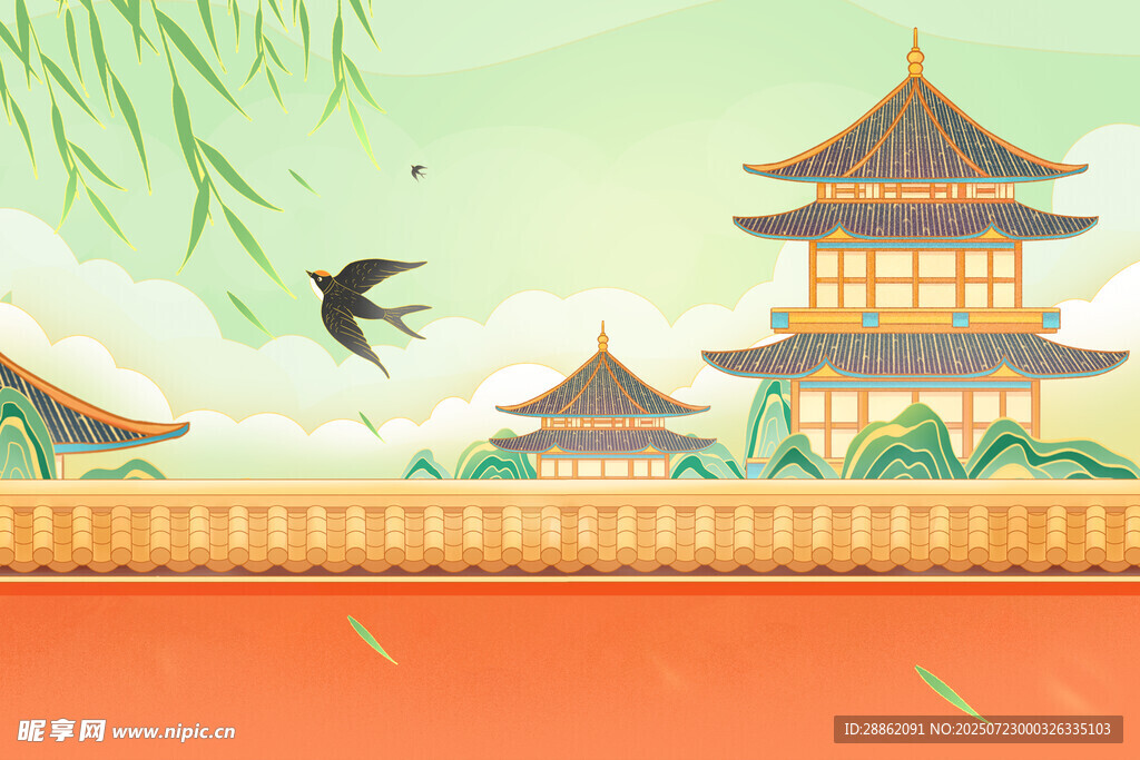 古风楼阁旁飞鸟与垂柳