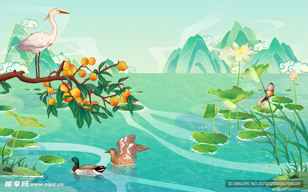 春日荷塘禽鸟嬉戏图