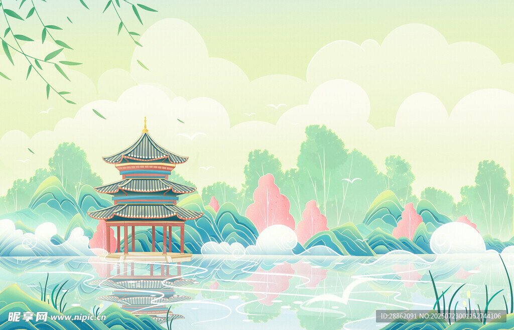 古风湖畔楼阁美景