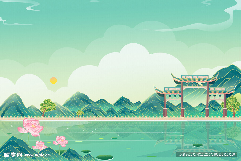 夏日湖畔中式美景