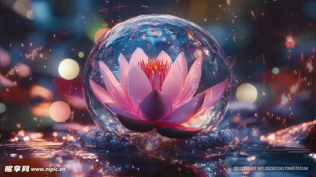 梦幻莲花绽于晶莹气泡中