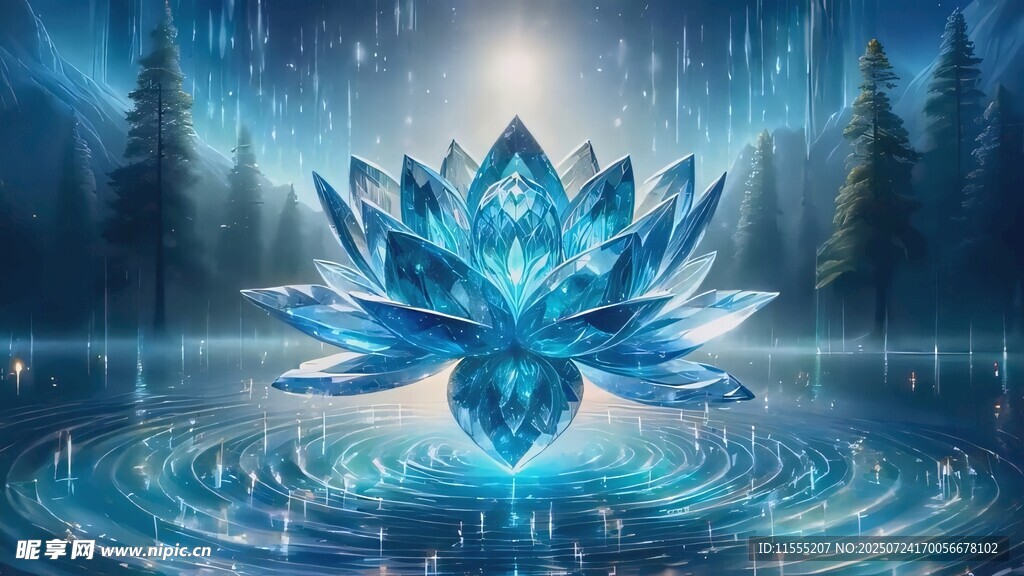 梦幻蓝莲花绽于森林湖畔