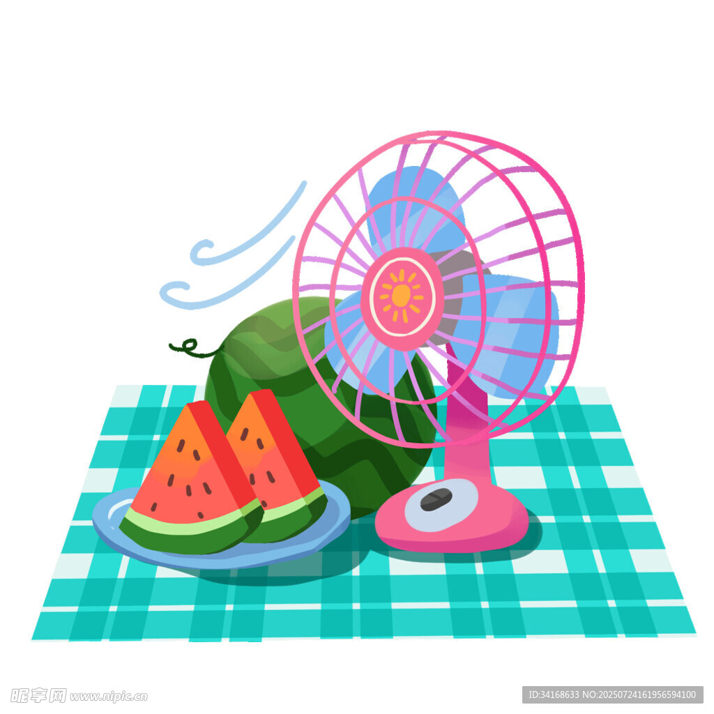 夏日风扇与西瓜惬意场景