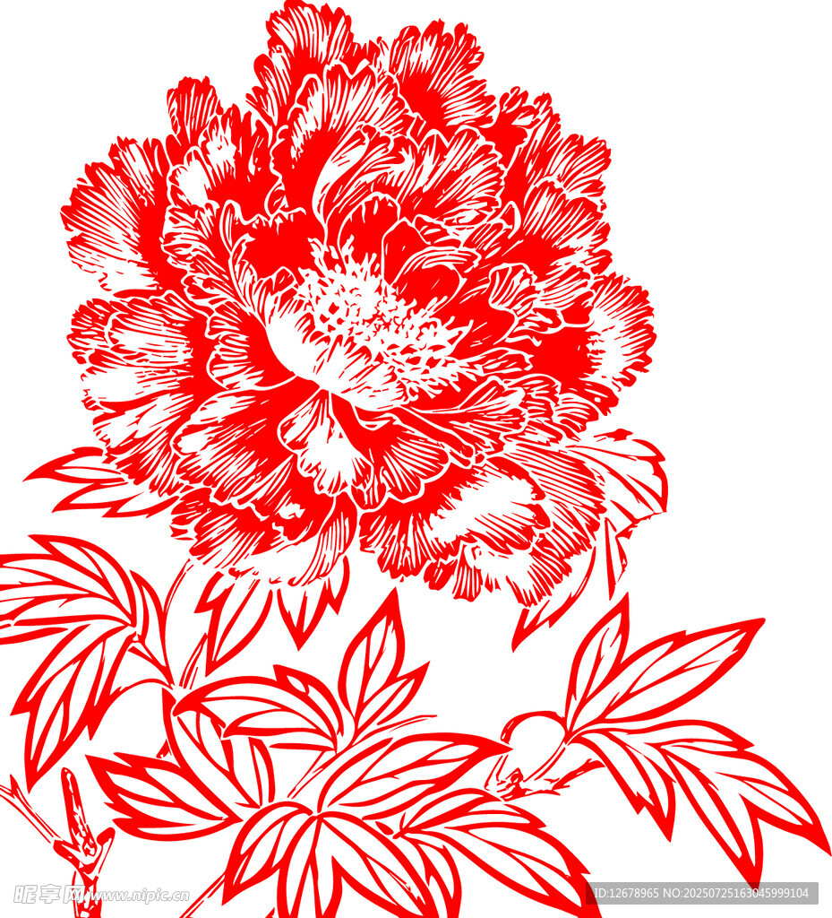 红色剪纸风盛开牡丹花