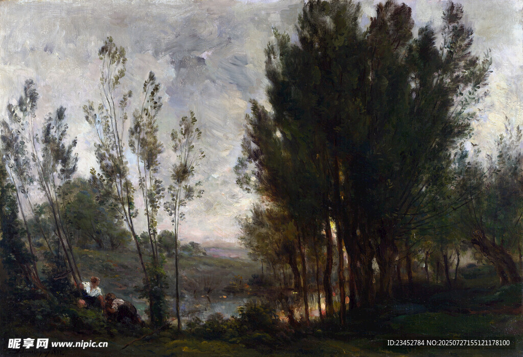 乡村河畔树林风景油画