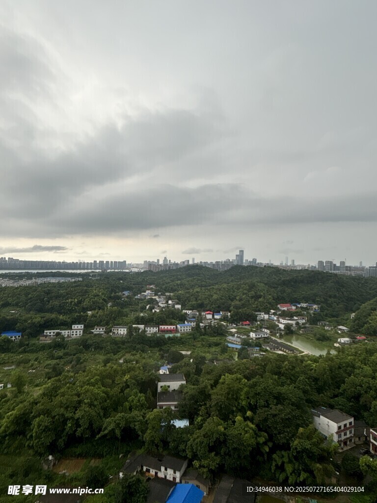 俯瞰绿树环绕的城市景观