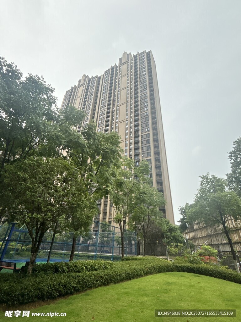 高层住宅旁的绿意景观