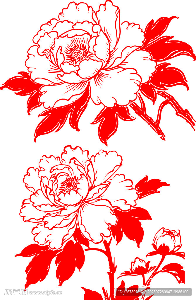 红色剪纸风盛开牡丹花