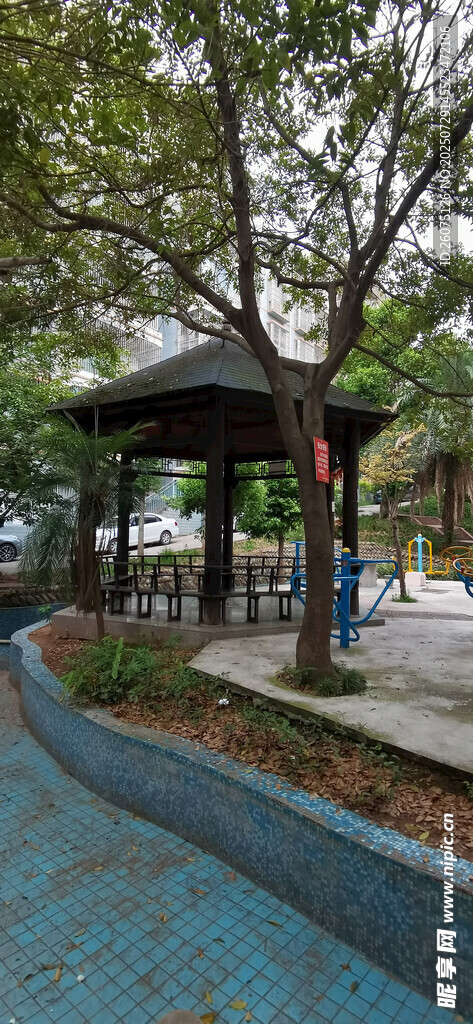 公园中的干涸水池与休息凉亭景观