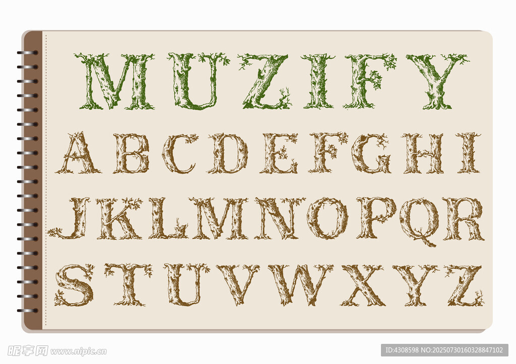 线圈本 复古植物英文字母素材