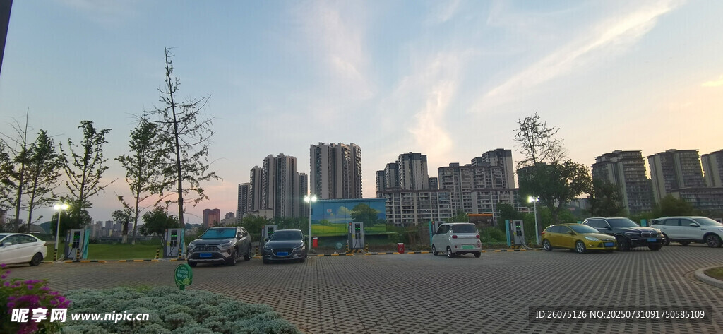 城市公园停车场电桩与车辆景象
