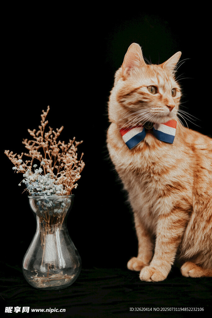 戴领结的橘猫与花瓶装饰