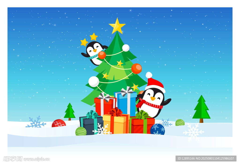 圣诞企鹅与礼物装饰树
