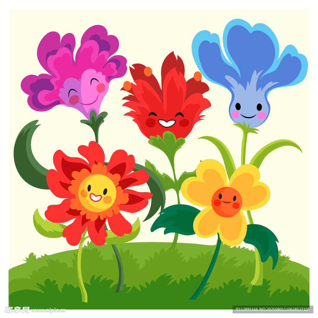 可爱笑脸花朵在草地上