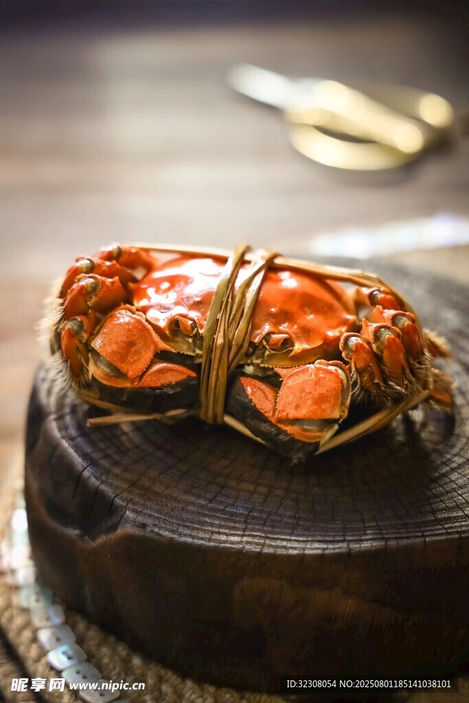 绑绳大闸蟹置于木墩上