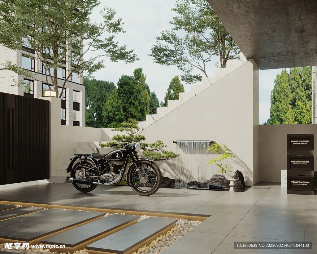 户外停放的摩托车与周边景致