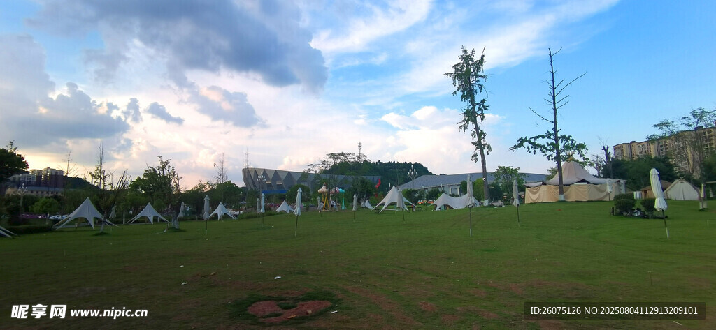 户外开阔草地与露营场景