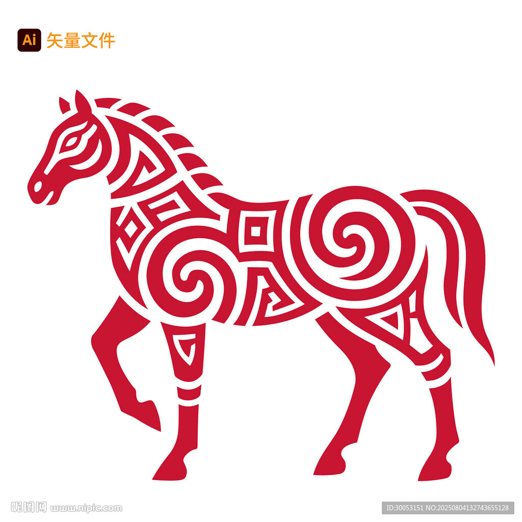 红色剪纸风奔跑骏马插画