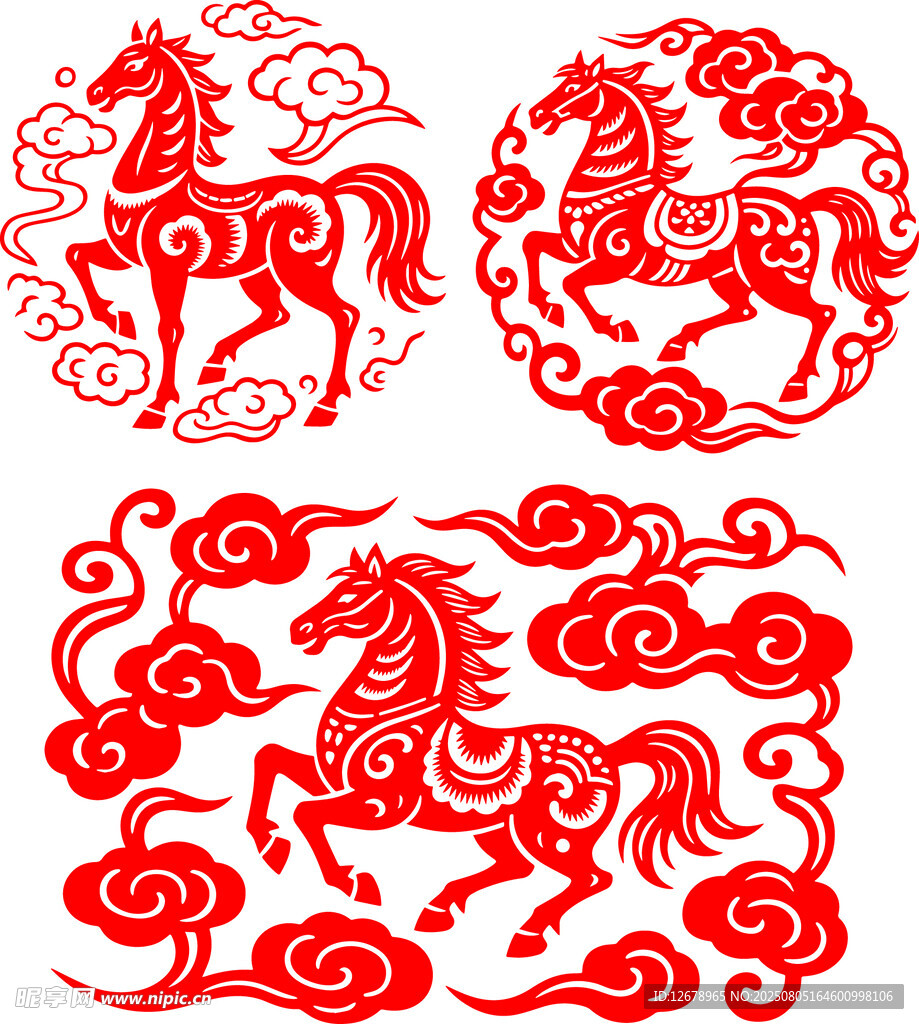 传统剪纸风奔腾骏马图案