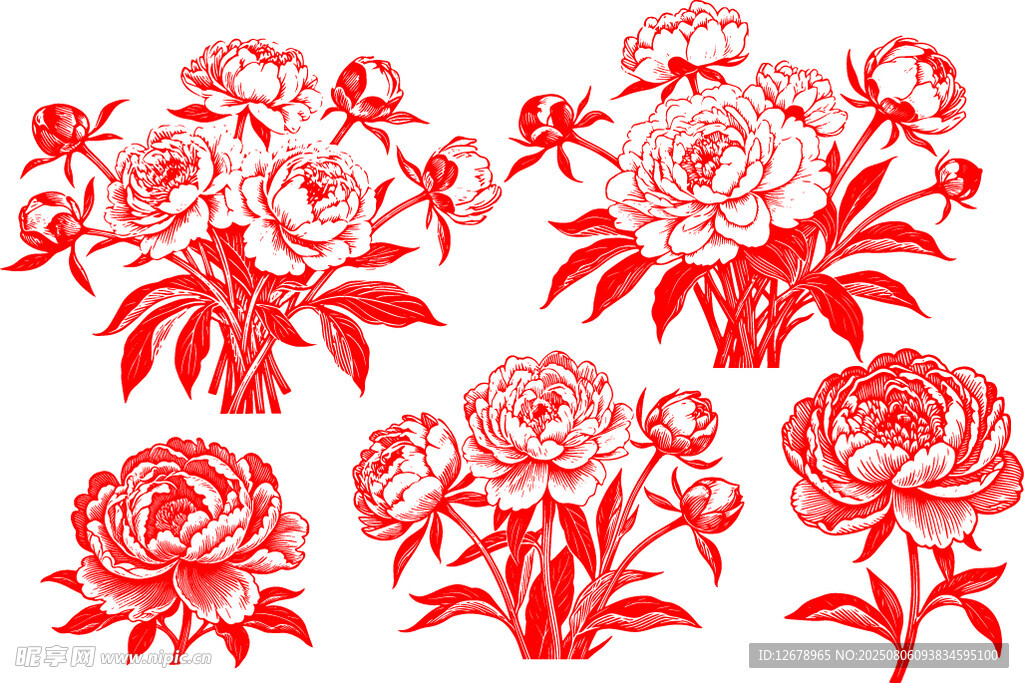 中式芍药花矢量图案素材