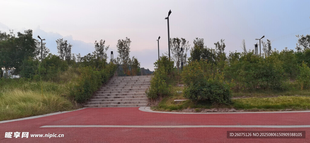 公园红色步道与绿植景观
