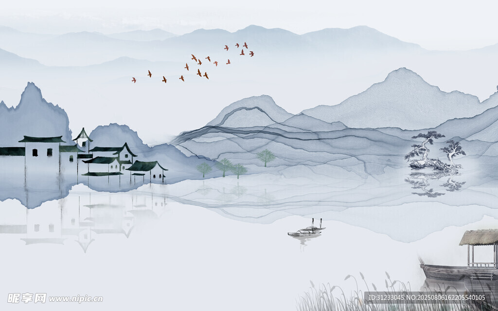 水墨蓝色飞鸟山水画