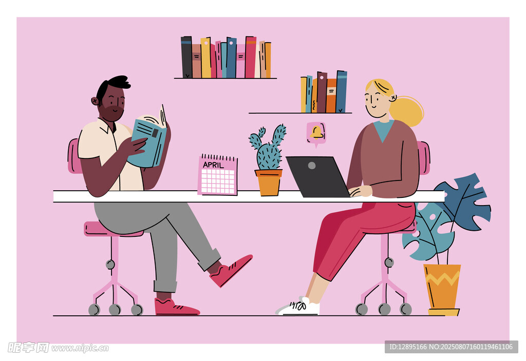 两人桌边办公阅读场景