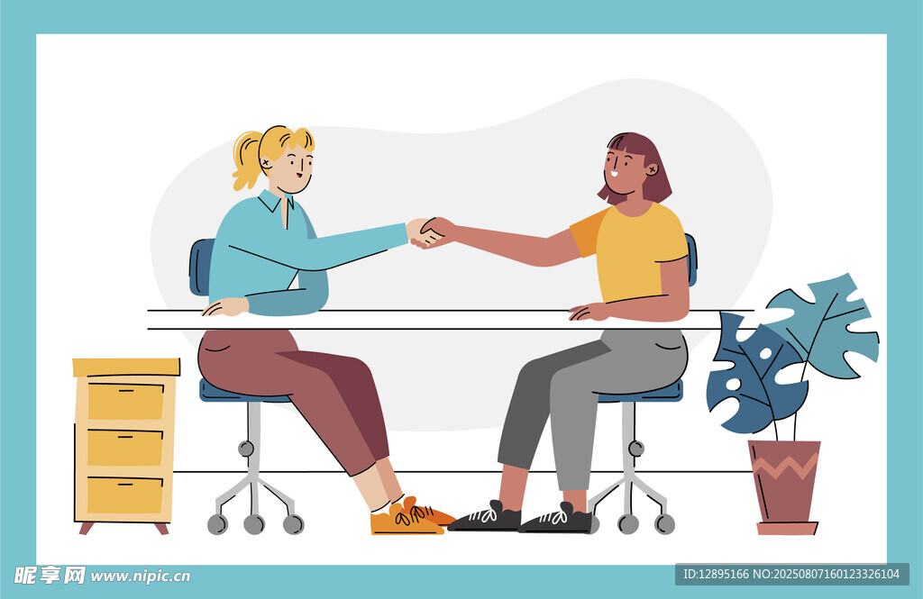 两人桌边握手交流场景