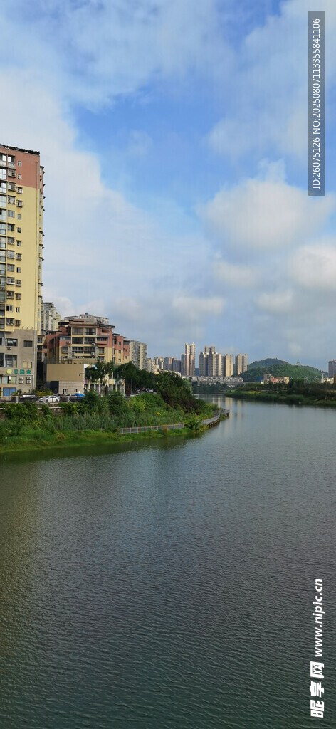 晴空下的河畔城市风光