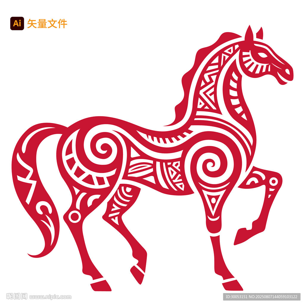 红色剪纸风奔腾骏马图案