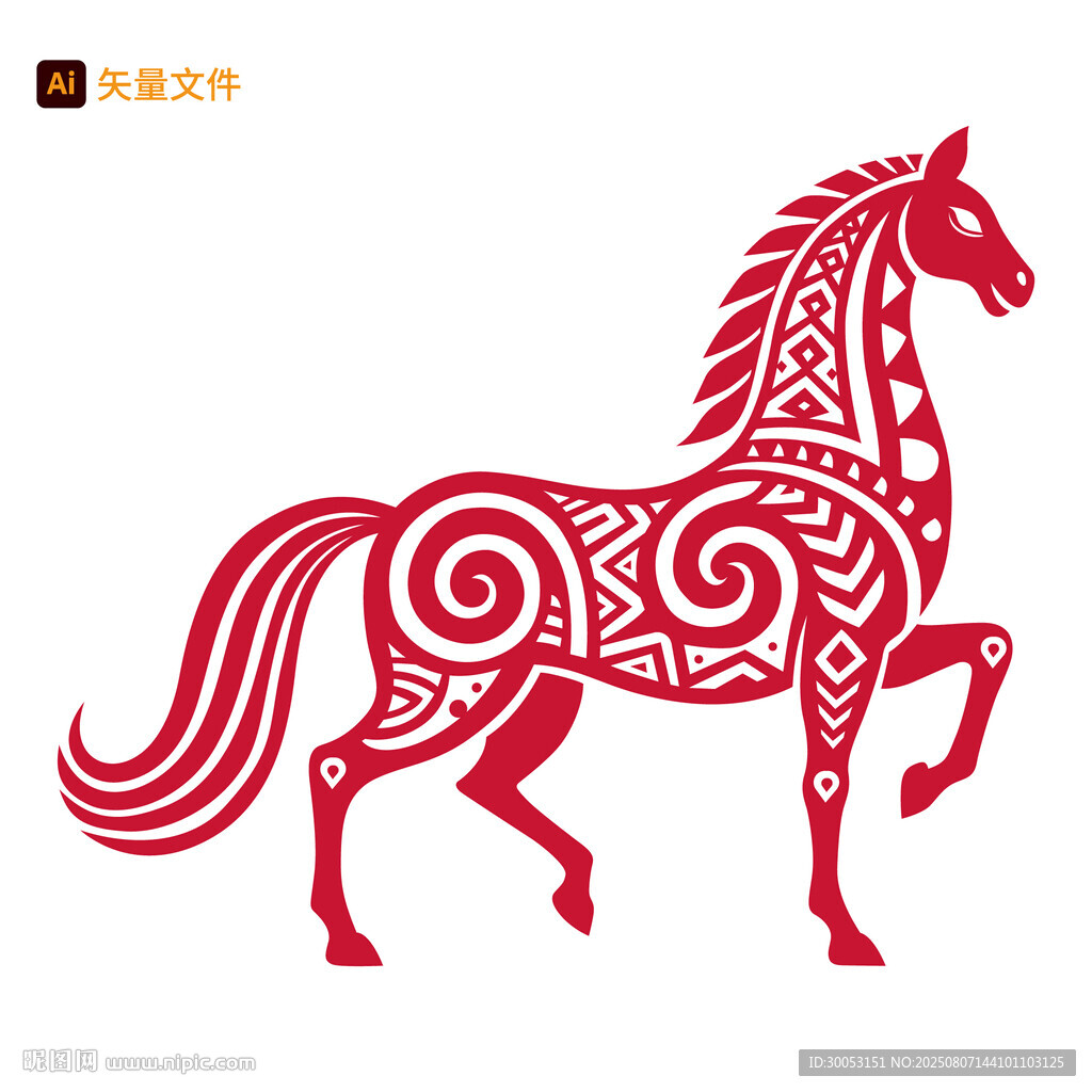 剪纸风红色骏马图案