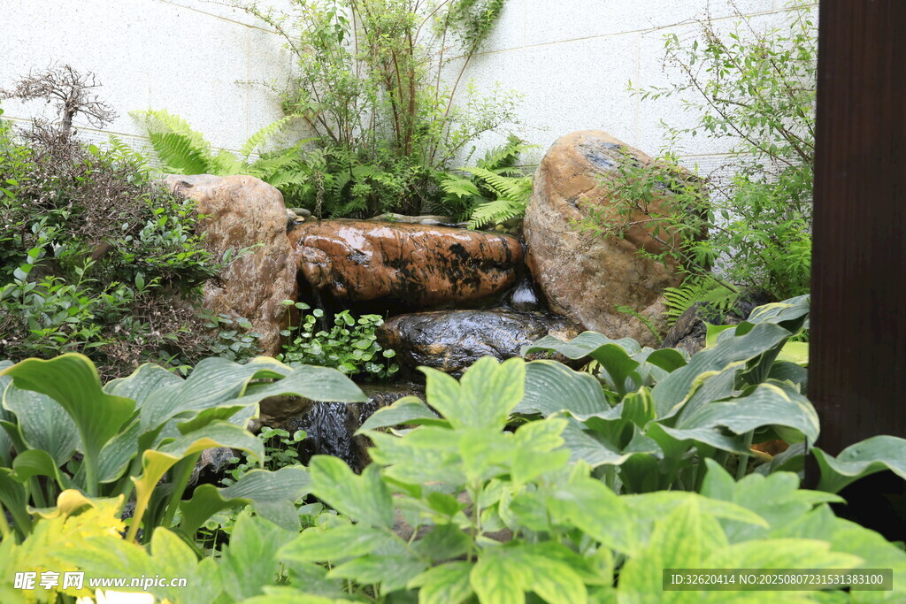 庭院绿植中的石质水景